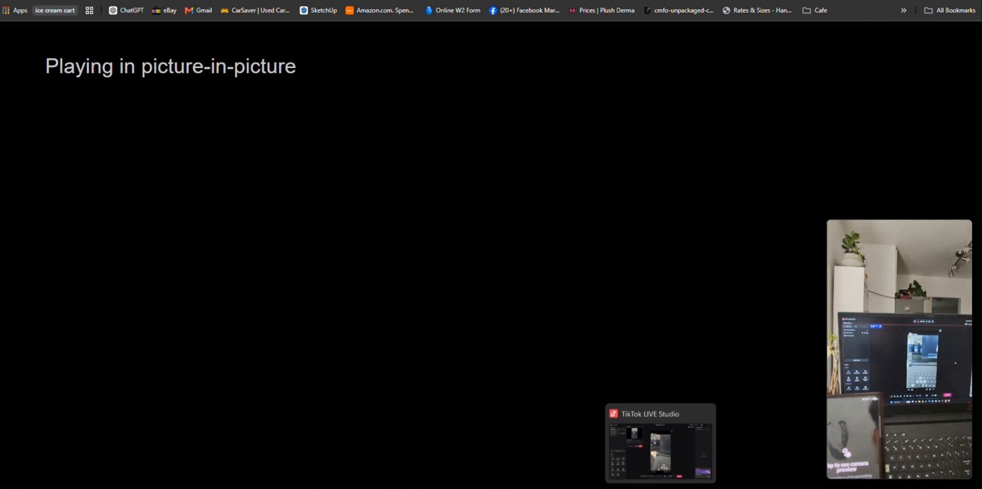 Chrome preview page saying Playing in picture-in-picture, with the glasses feed in a floating window at the bottom right