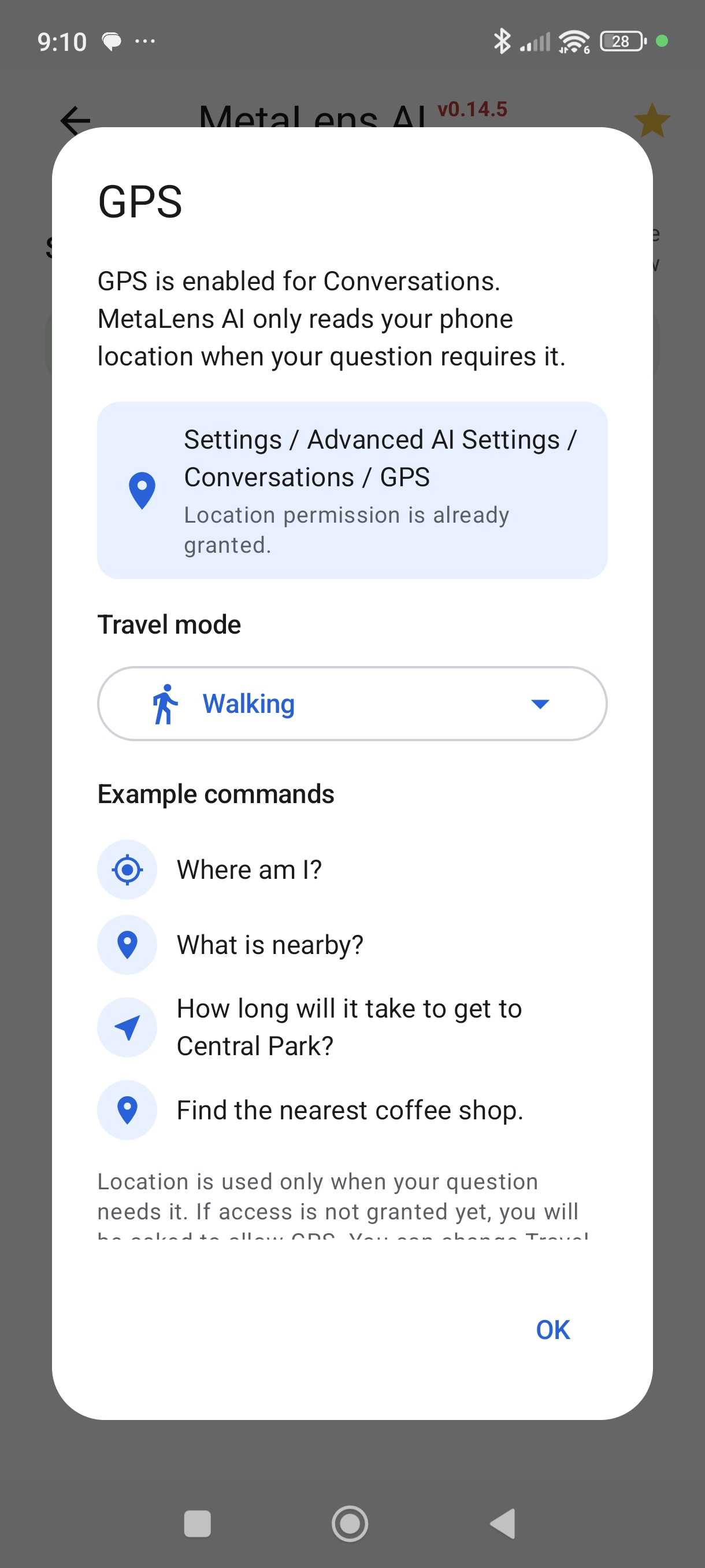 MetaLensAI GPS module screen with location permission, travel mode, and example voice commands