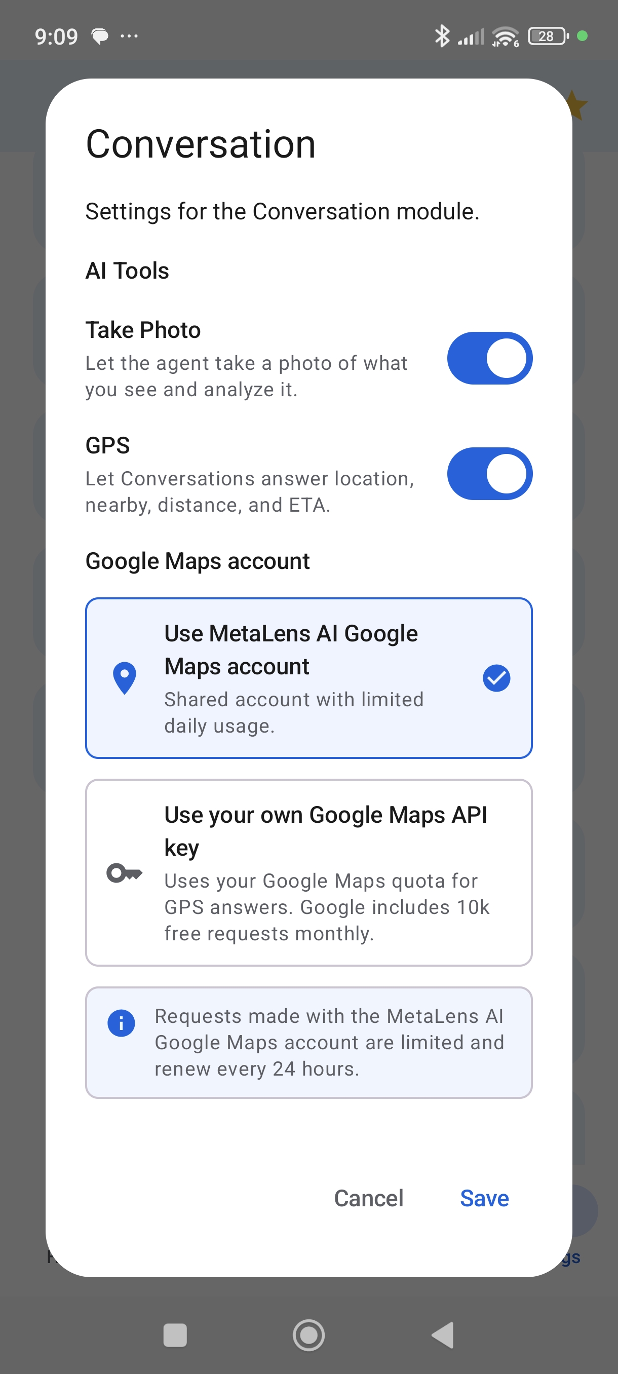 MetaLensAI Conversation settings showing GPS enabled and Google Maps account options