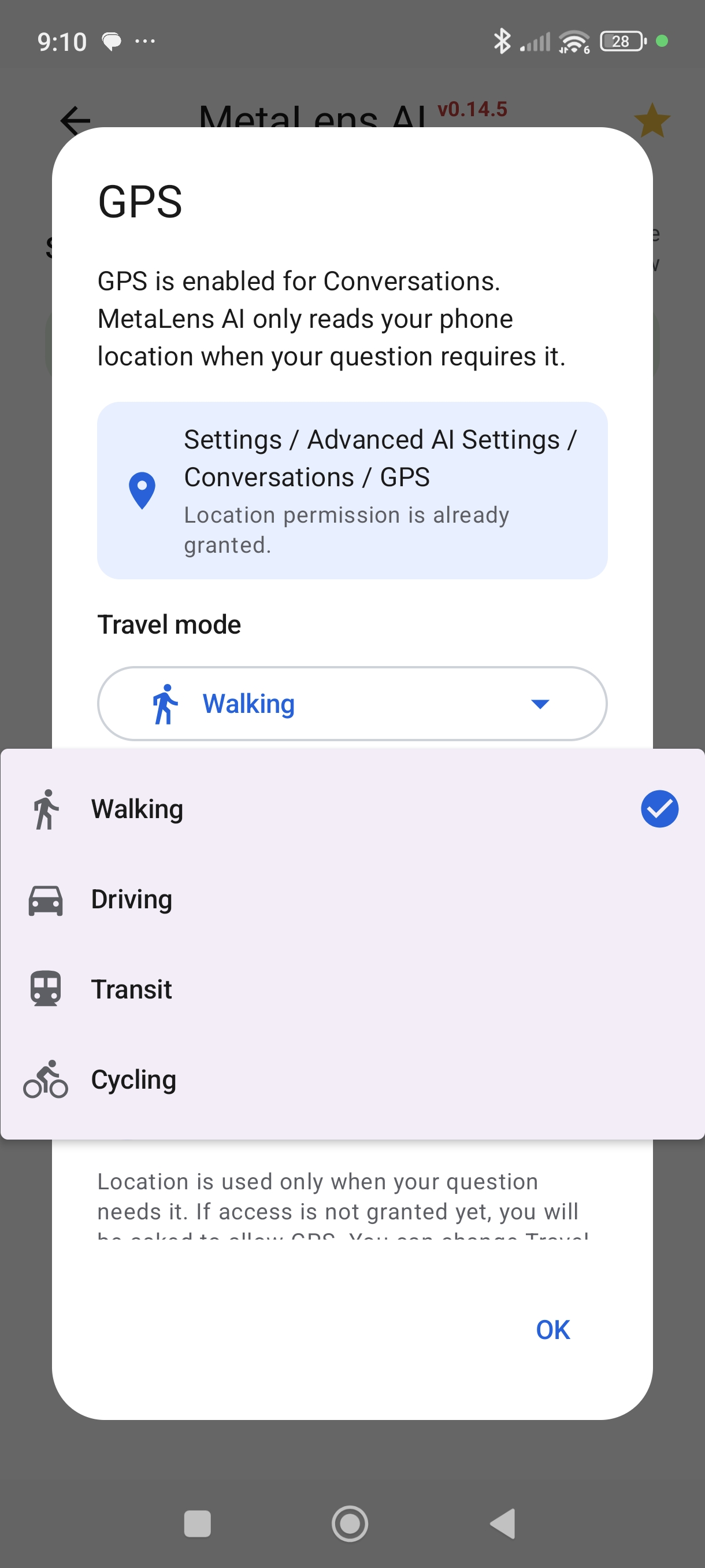 MetaLensAI GPS travel mode selector showing walking, driving, transit, and cycling