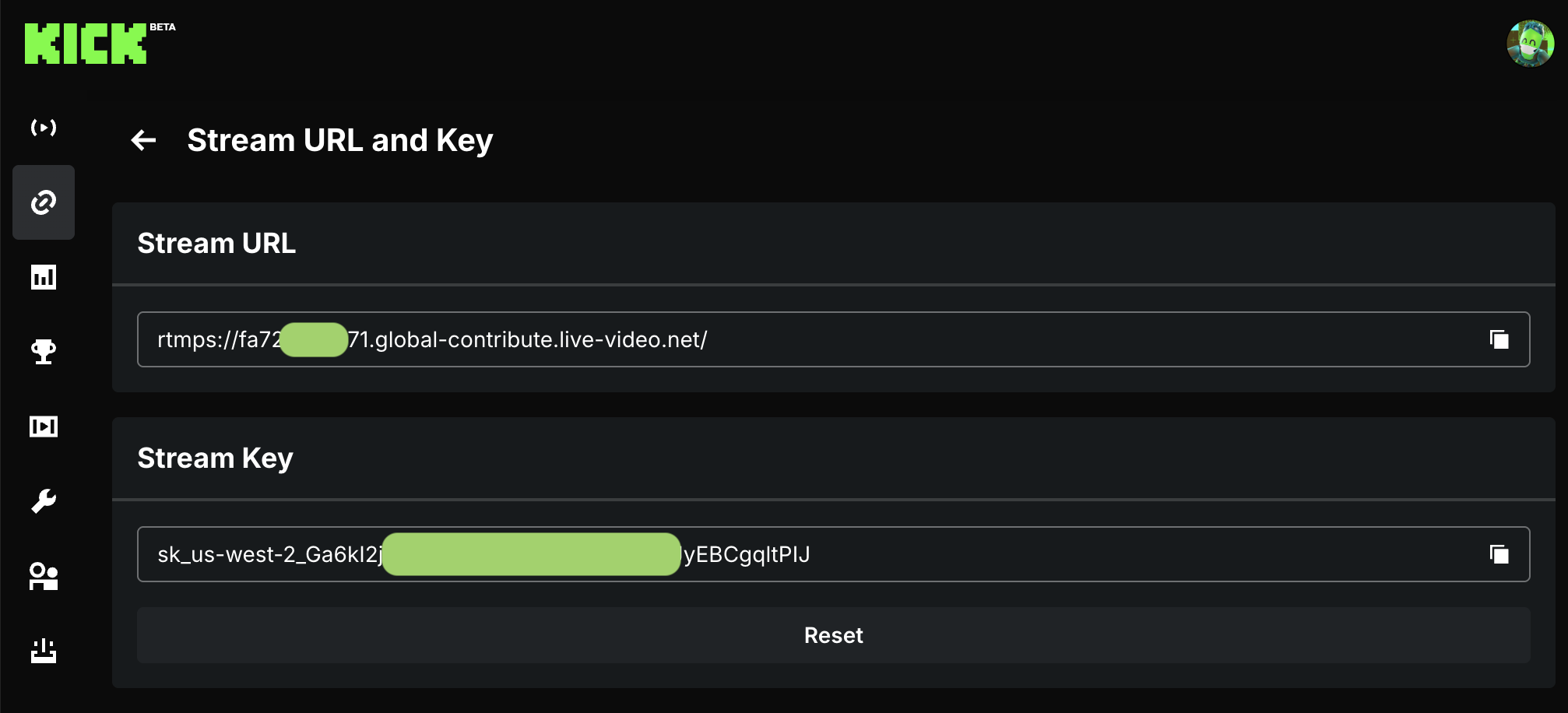 Kick Creator Dashboard page showing Stream URL and Stream Key fields