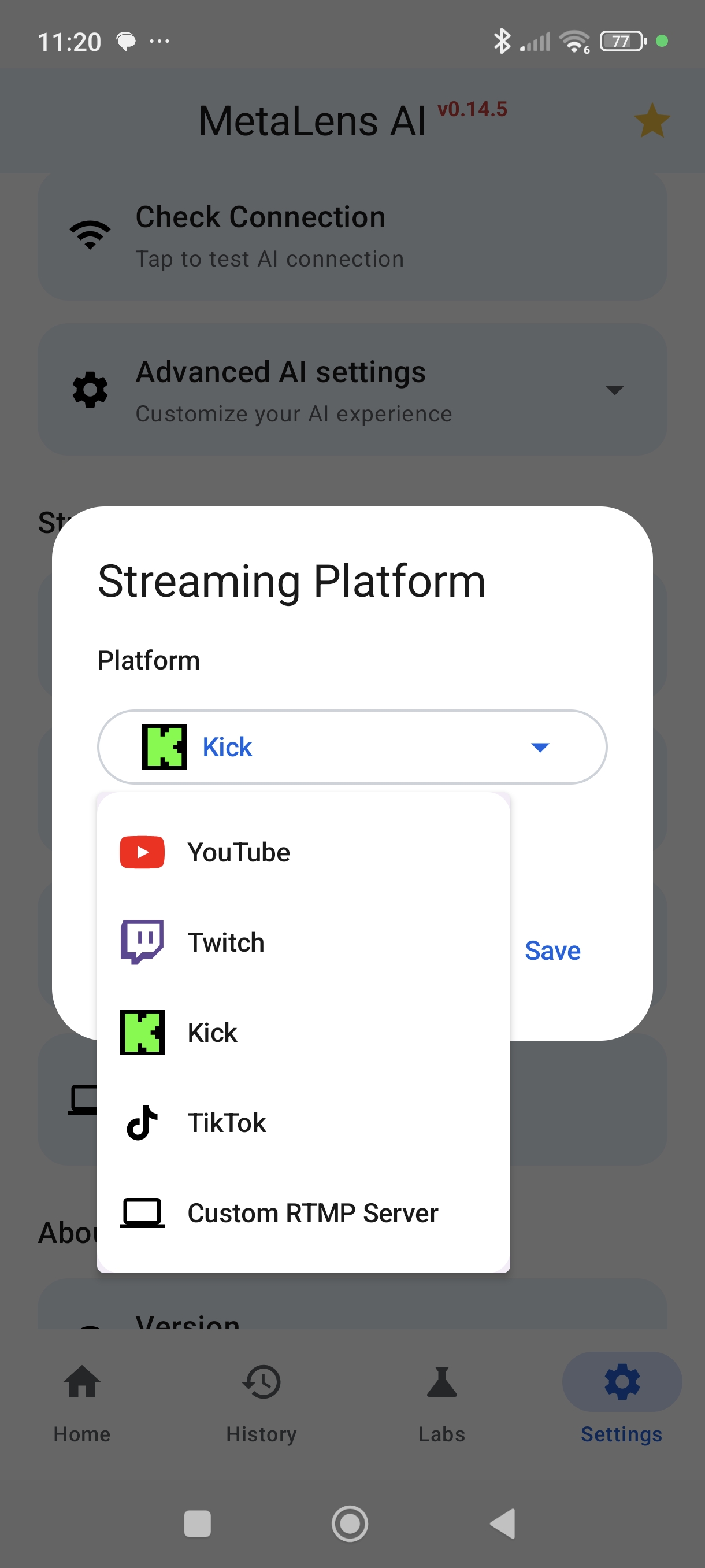 MetaLensAI streaming settings with Kick selected as the streaming platform