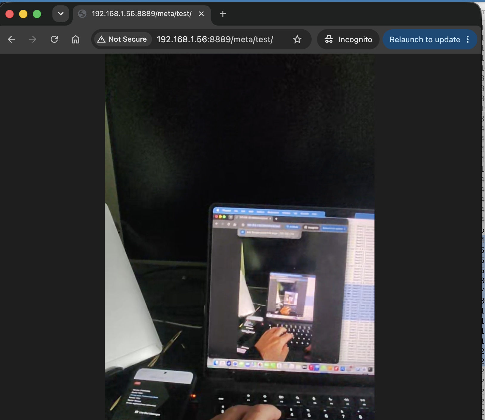 MediaMTX browser preview showing a live stream from Meta smart glasses