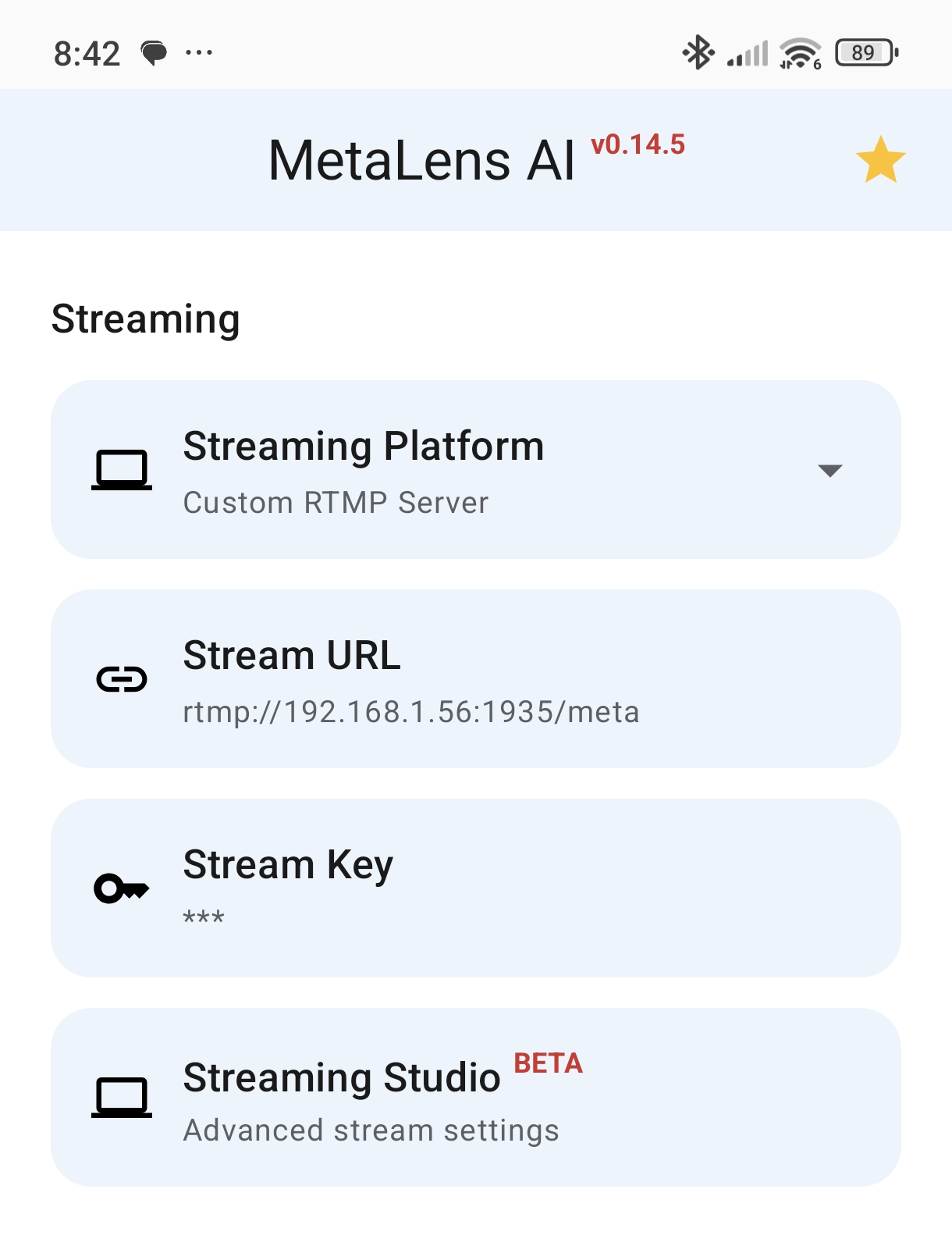 MetaLensAI streaming settings with Custom RTMP Server selected, stream URL, and stream key fields