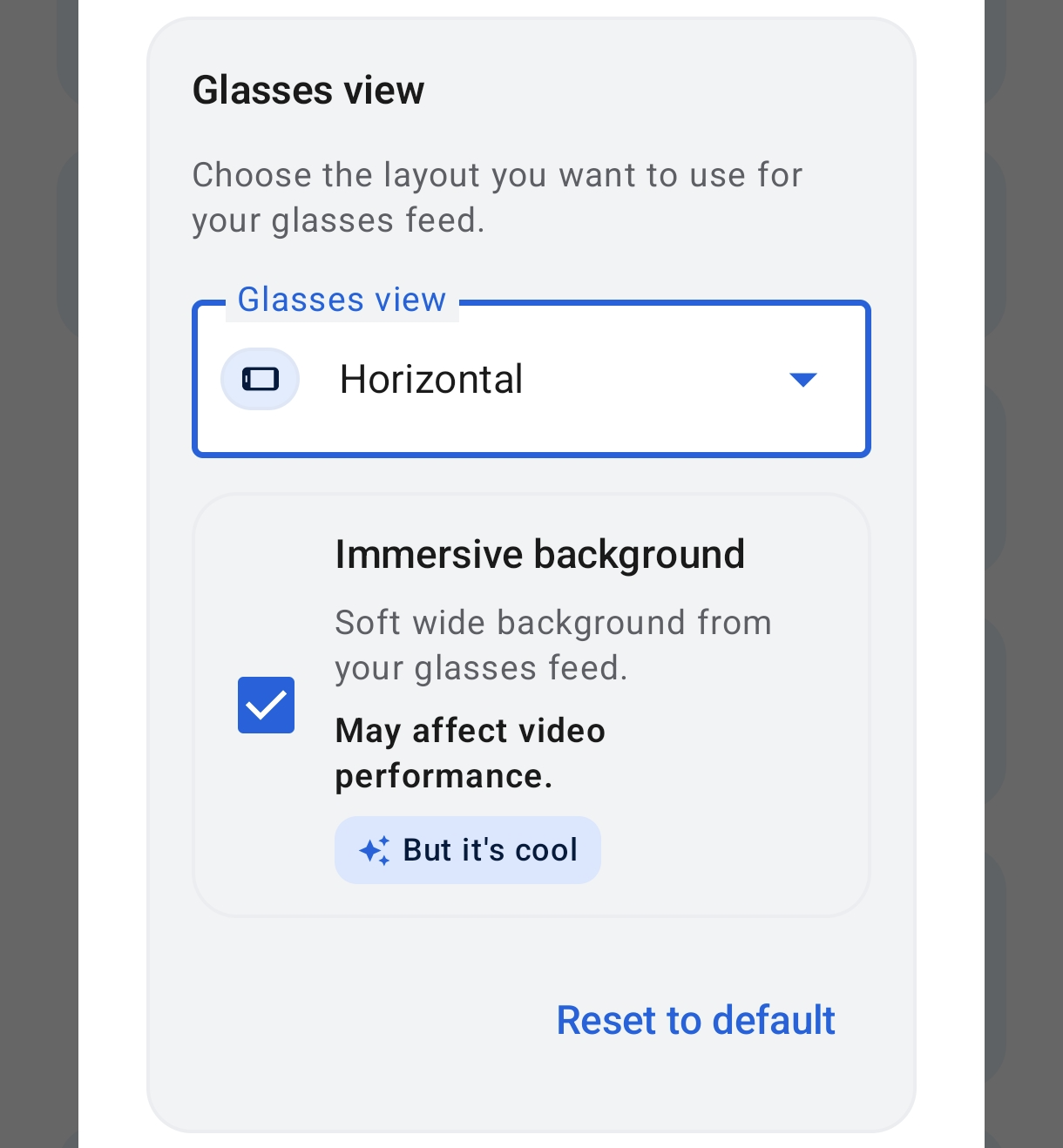 MetaLensAI Horizontal glasses view with Immersive background enabled for a wider landscape video composition
