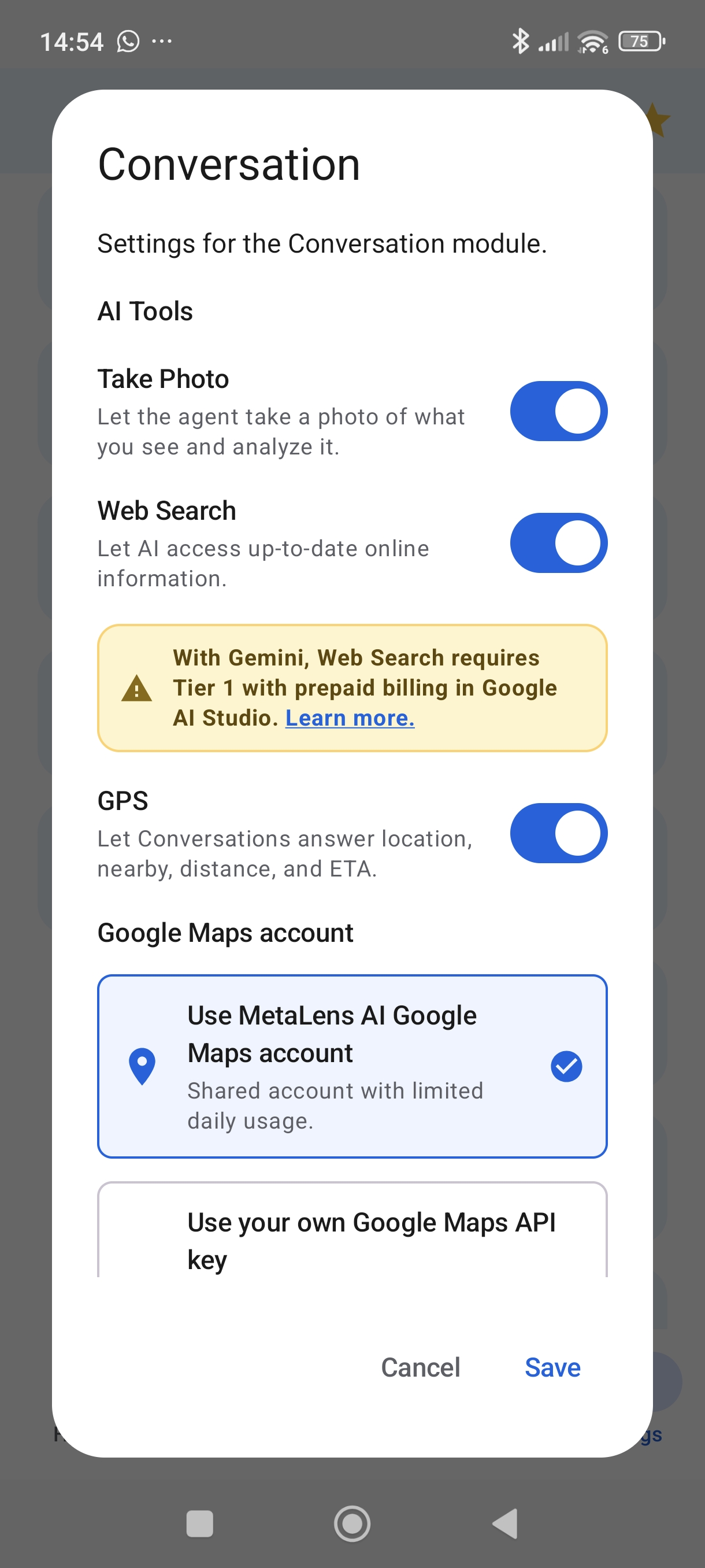 MetaLensAI Gemini Web Search setting enabled in Advanced AI Settings for Ray-Ban Meta glasses