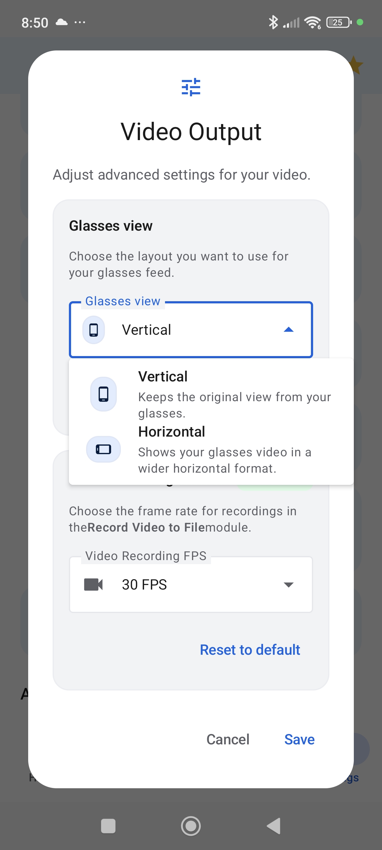 MetaLensAI Video Output settings showing the Horizontal option under Glasses view for Ray-Ban Meta smart glasses