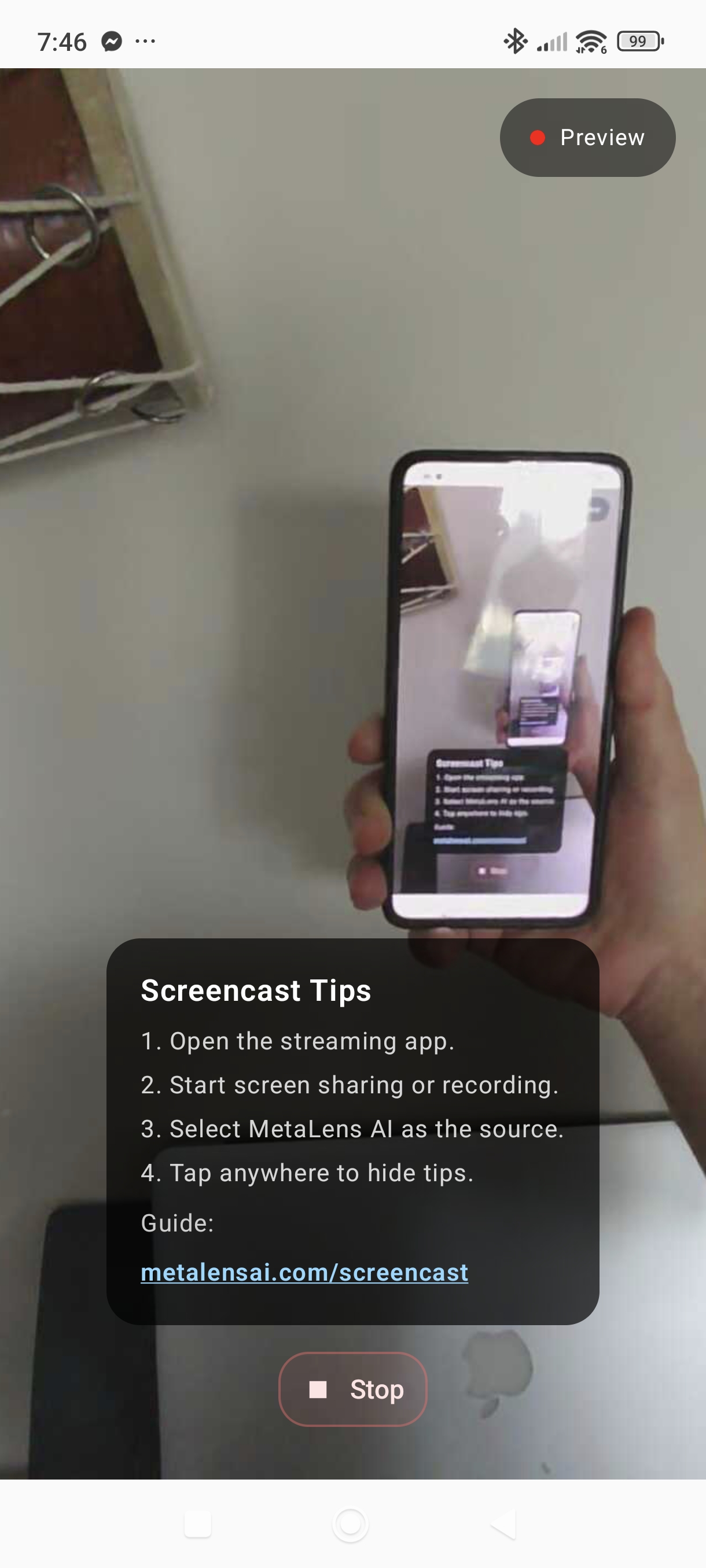 MetaLensAI Screencast showing a live Ray-Ban Meta glasses feed on an Android phone during screen sharing