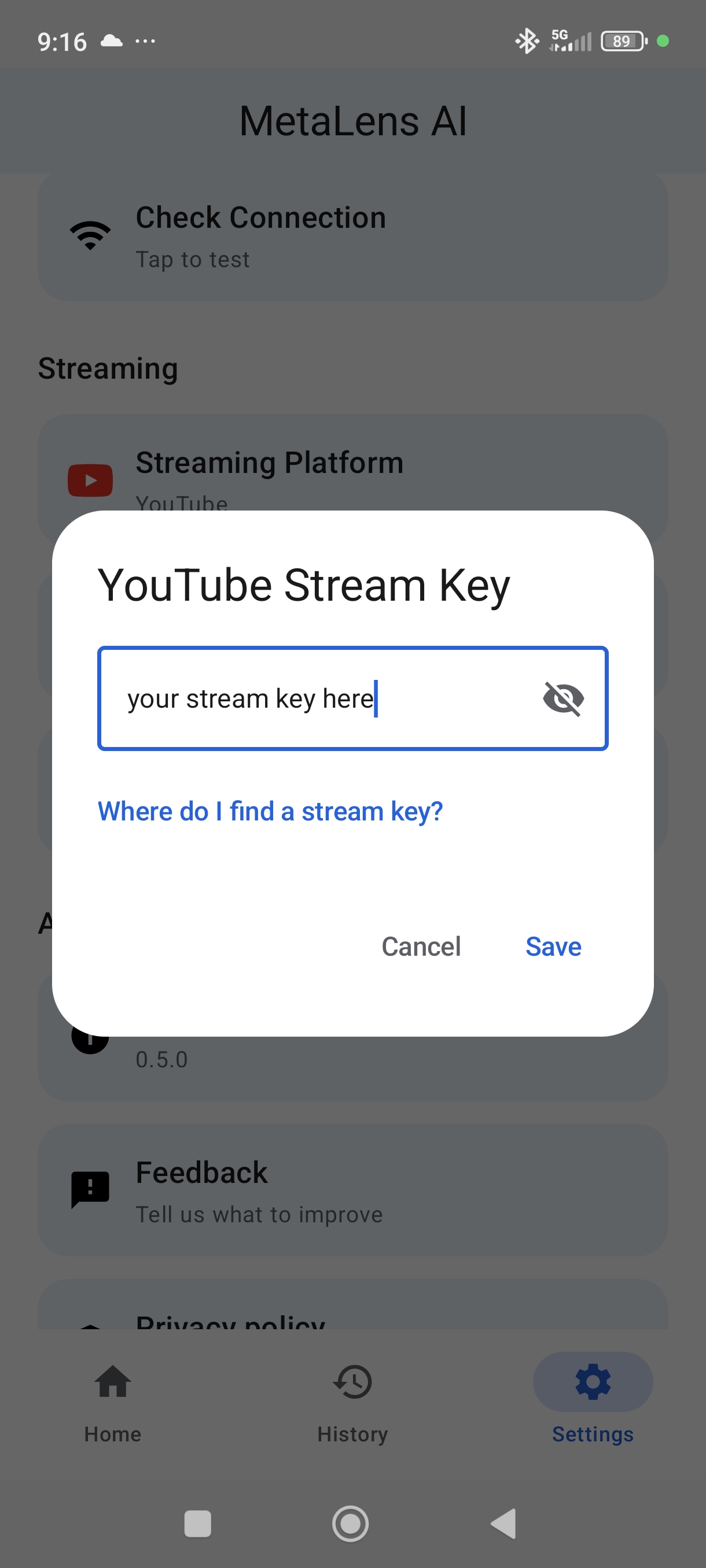 MetaLensAI stream key input