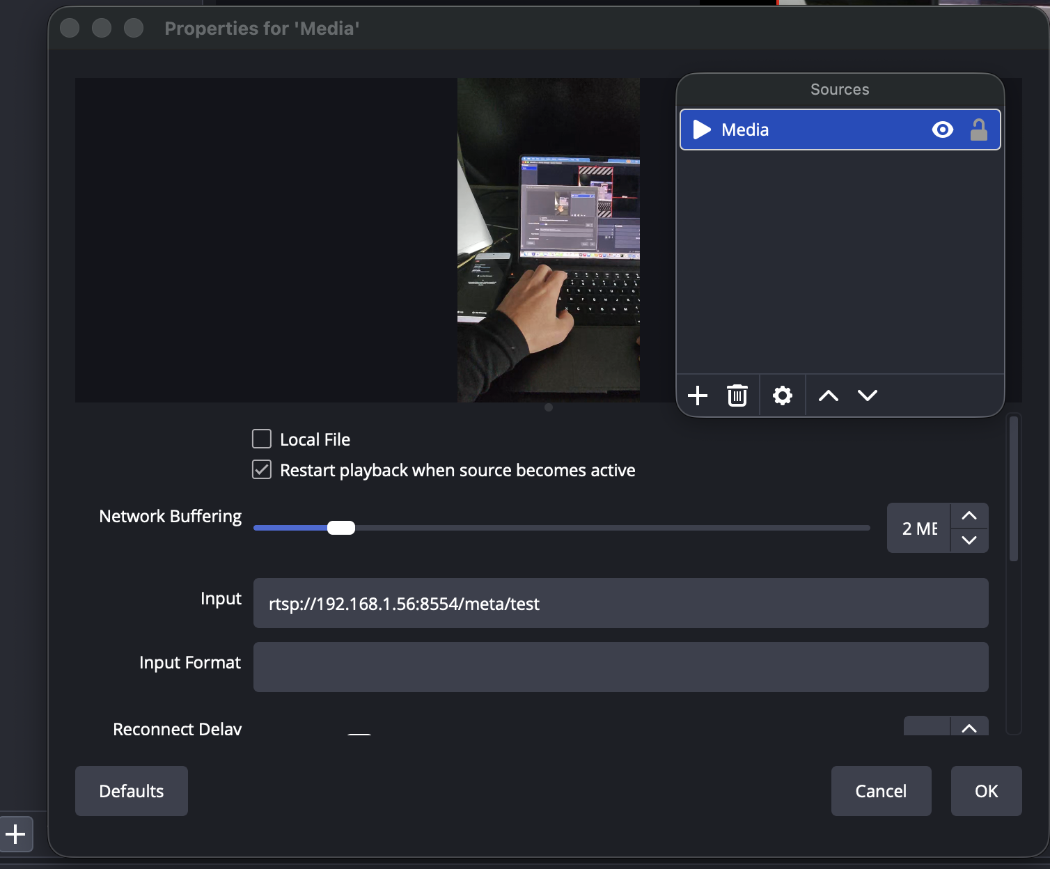 OBS Studio showing the live feed from Meta smart glasses through MediaMTX