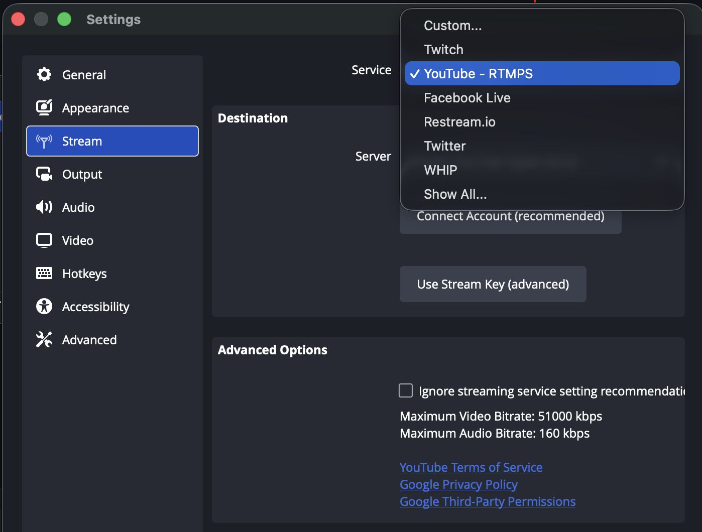 OBS Studio stream settings configured with a streaming service and stream key
