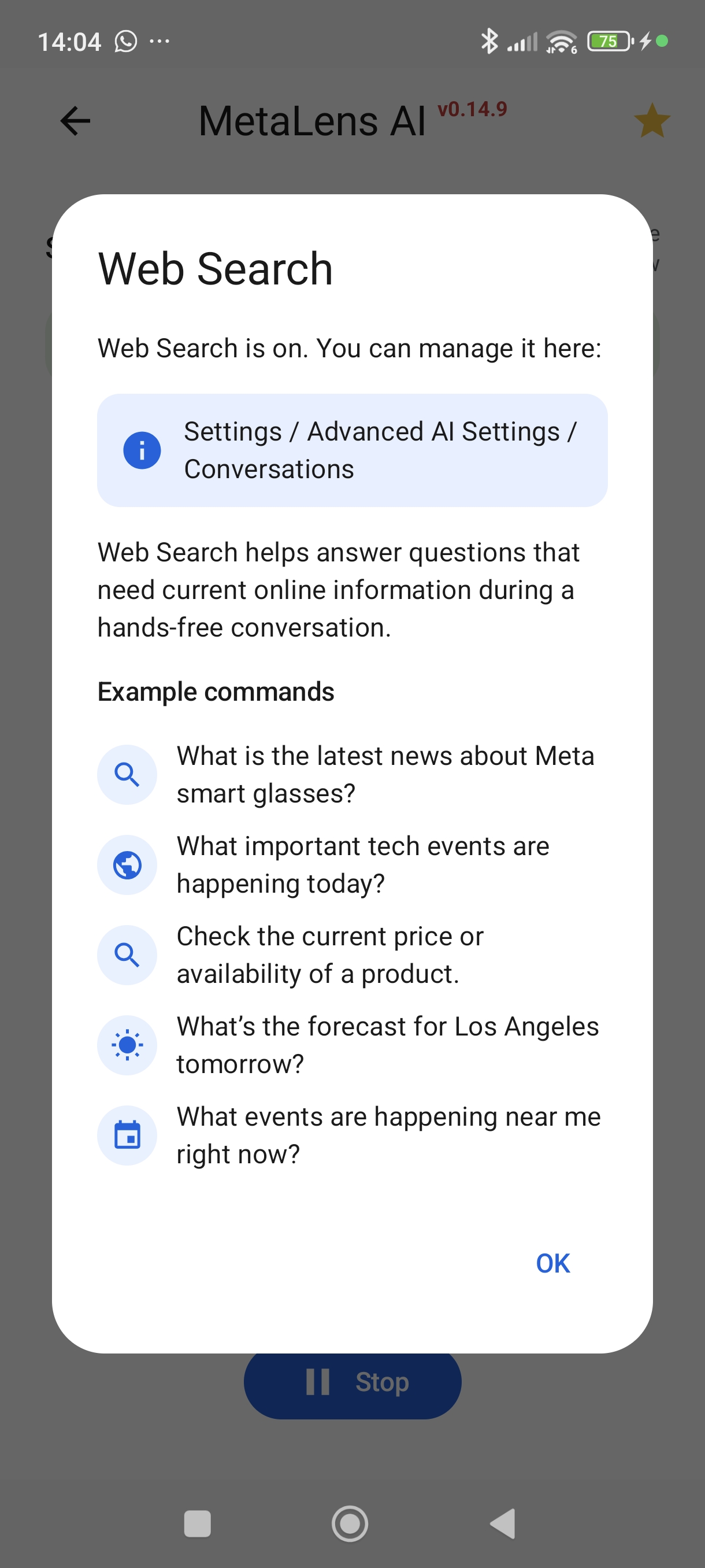 MetaLensAI Web Search tool enabled for Gemini on Ray-Ban Meta smart glasses