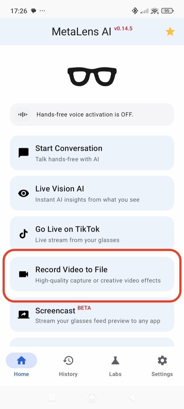 MetaLensAI home screen with Record Video to File highlighted