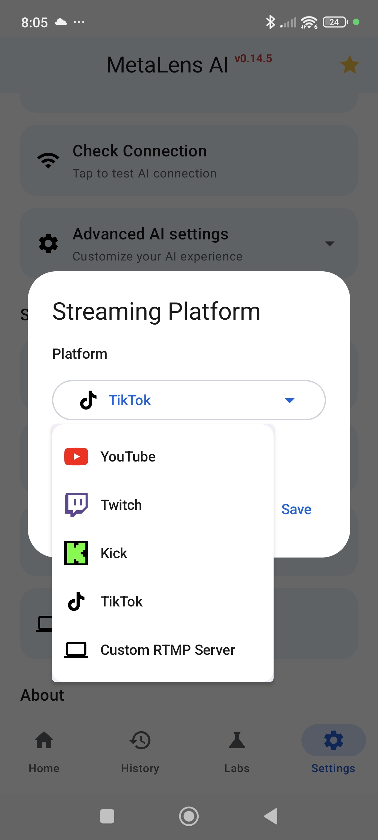 MetaLensAI TikTok streaming settings showing Stream URL and TikTok Stream Key configuration for Ray-Ban Meta glasses