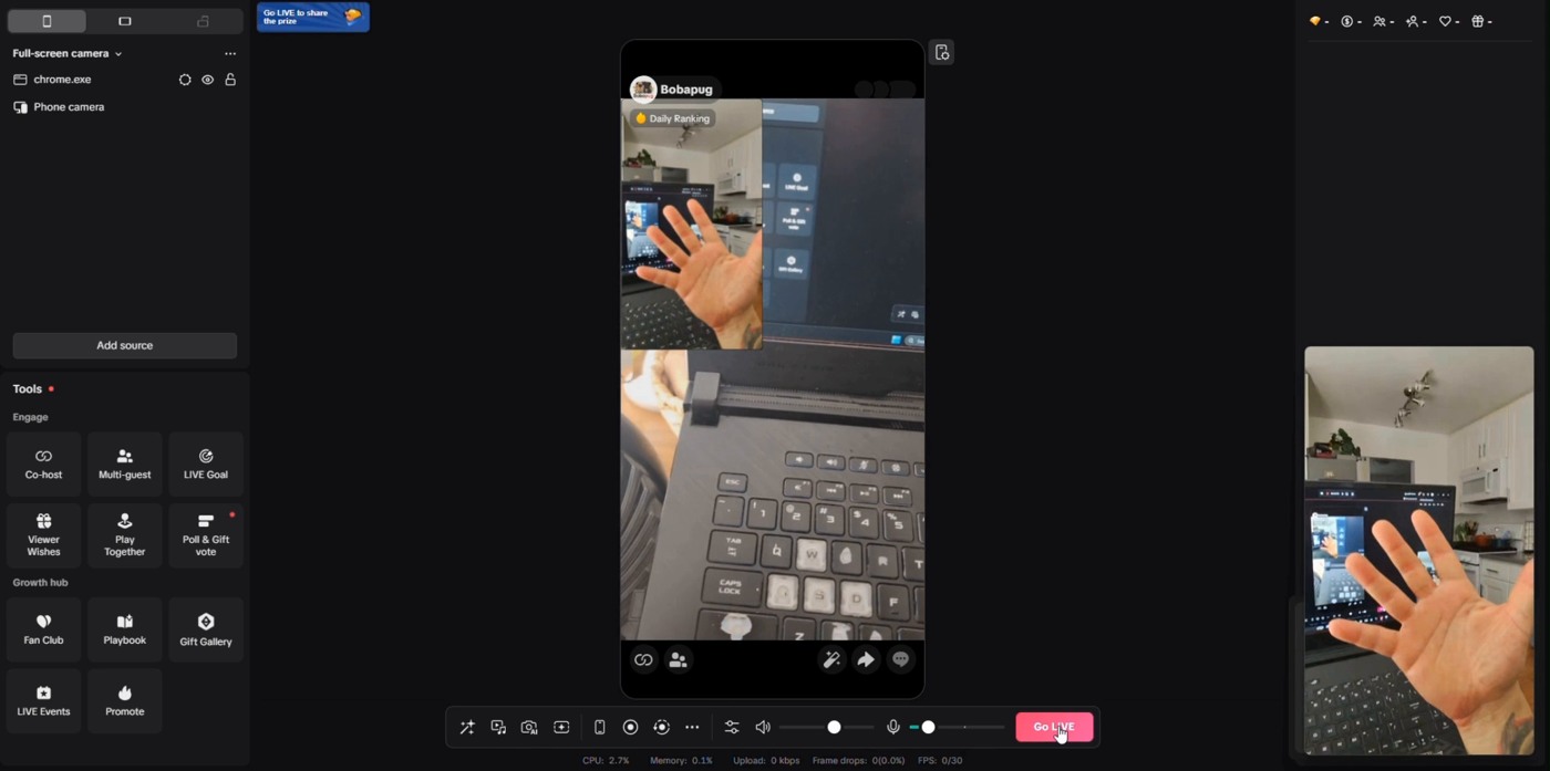 TikTok LIVE Studio portrait preview showing the Ray-Ban Meta camera feed and a hand visible in the Chrome Picture-in-Picture window