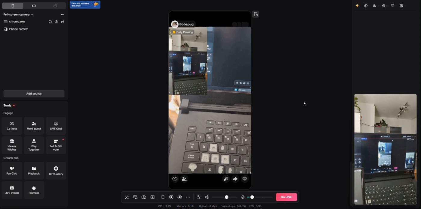 Final TikTok LIVE Studio preview with the glasses camera source arranged inside the portrait scene