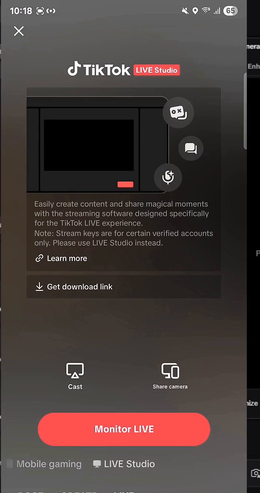 TikTok mobile LIVE Studio screen showing the Share camera option beside Cast