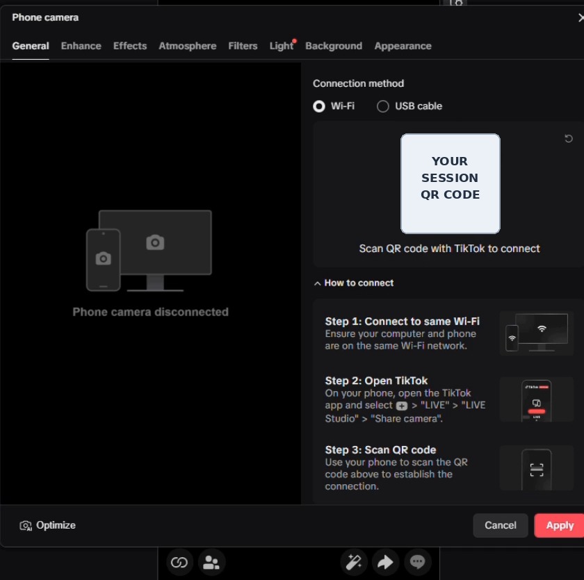 TikTok LIVE Studio Phone camera settings with Wi-Fi selected, a session QR placeholder and connection instructions