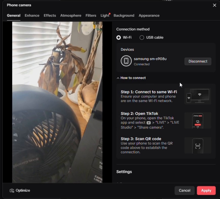 TikTok LIVE Studio Phone camera settings after connecting the phone, with the Apply button at the bottom