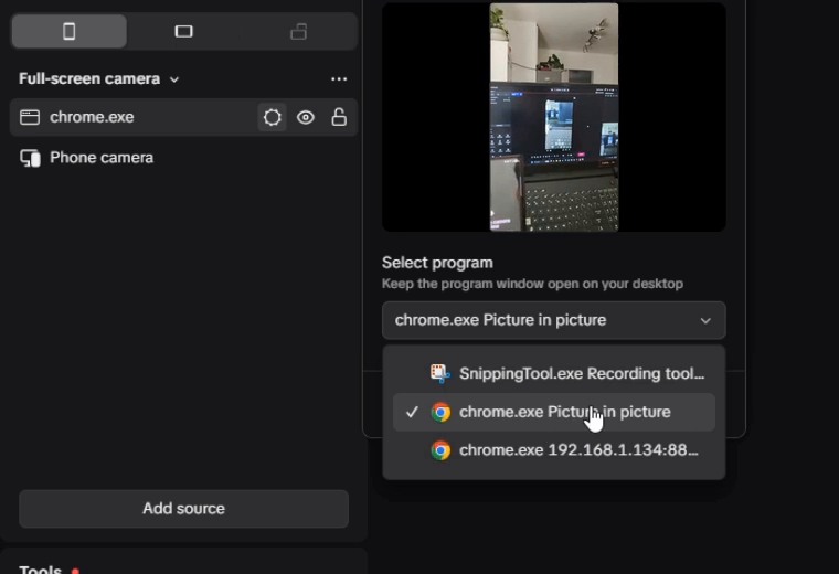 TikTok LIVE Studio Select program dropdown with chrome.exe Picture in picture selected
