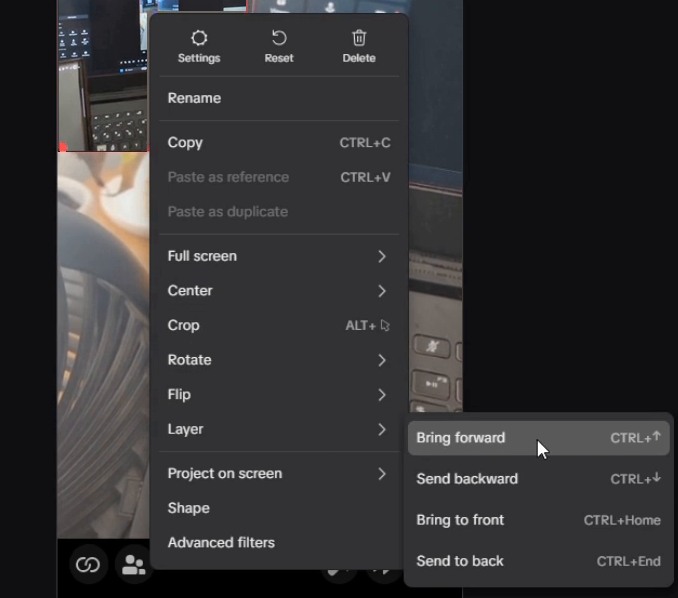 TikTok LIVE Studio Layer submenu showing Bring forward and Bring to front for the captured glasses source