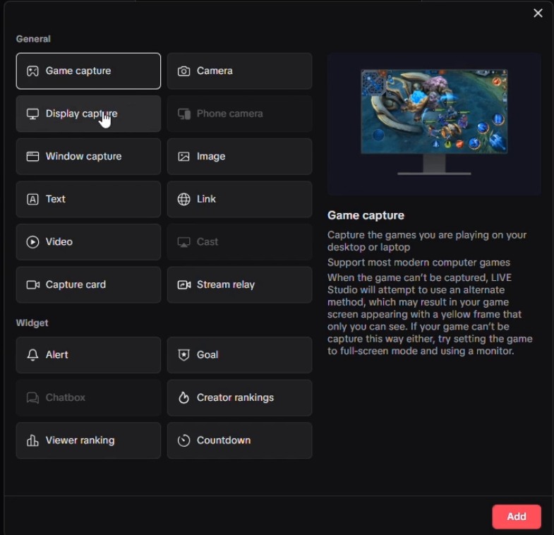 TikTok LIVE Studio Add source menu listing Window capture below Display capture