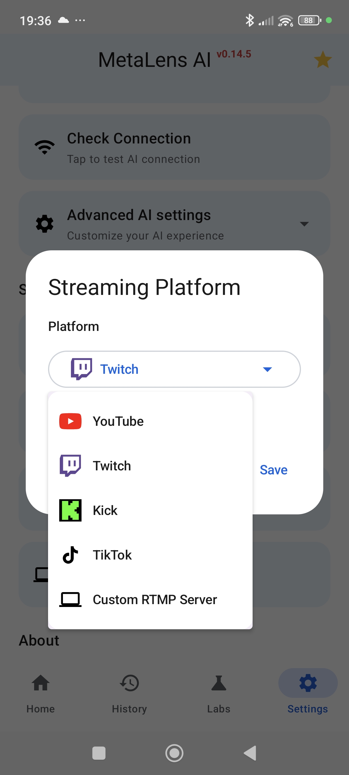 MetaLensAI streaming settings with Twitch selected as the streaming platform