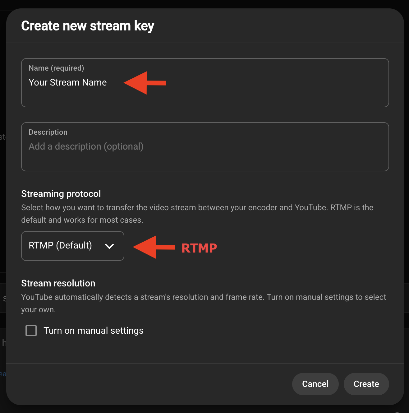 YouTube Studio stream key settings