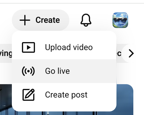 YouTube Studio Go Live button